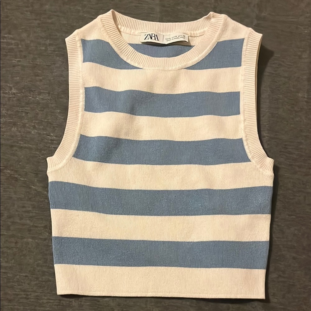 Zara Women’s Blue and White Striped Sleeveless Top